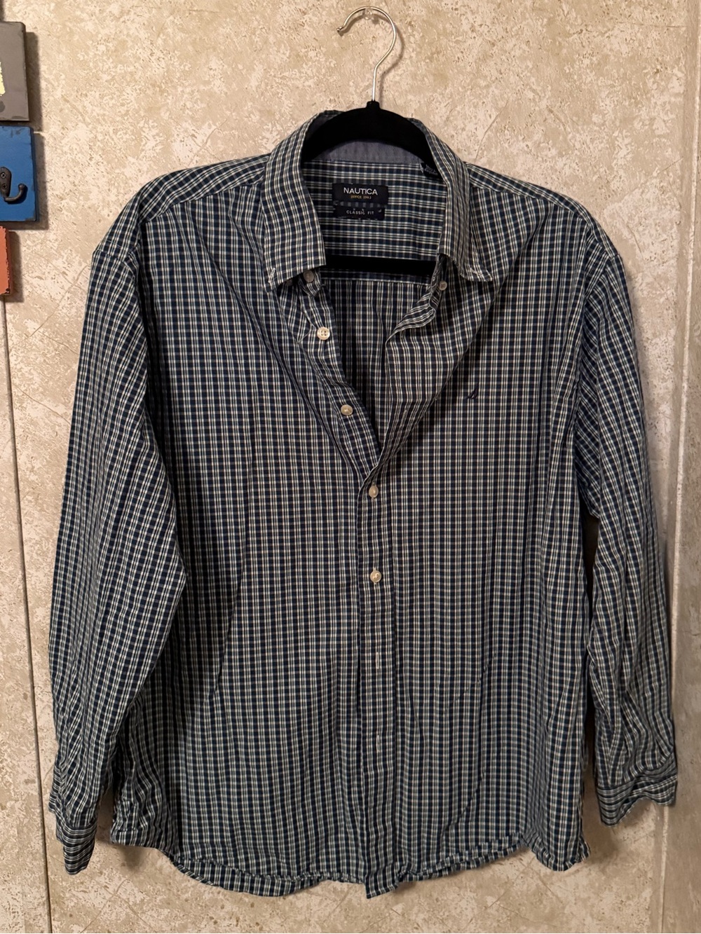 Nautica Men's Blue and White Checked Button-Down Shirt